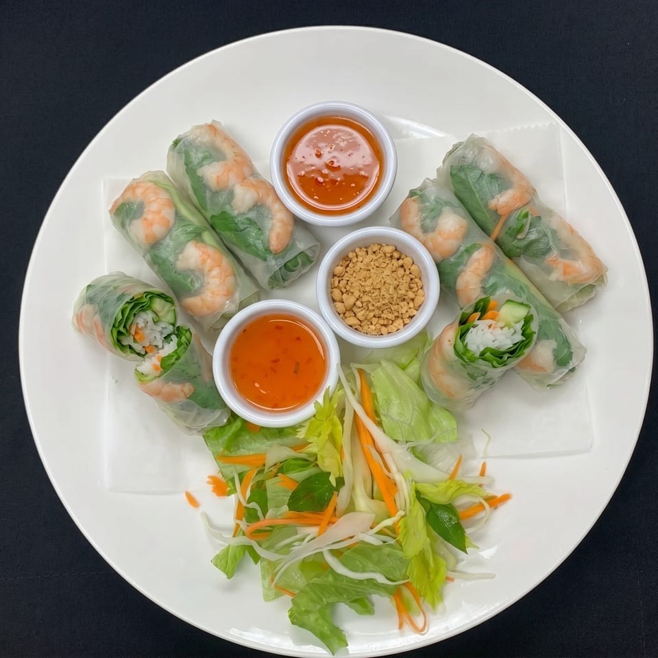 Fresh spring rolls with shrimp, lettuce, and rice noodles, served with peanut and chili dipping sauces.