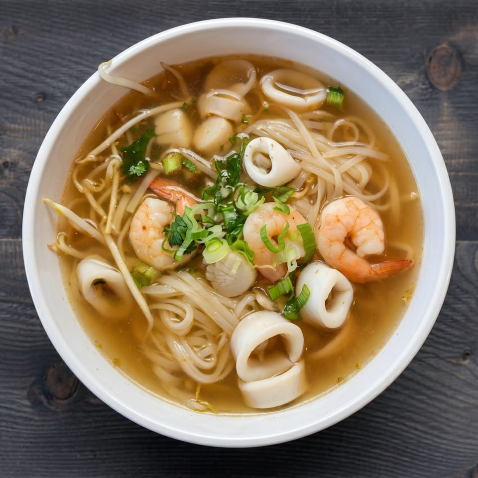 Seafood noodle soup with shrimp, squid, scallops, bean sprouts, and green onions in a white bowl.