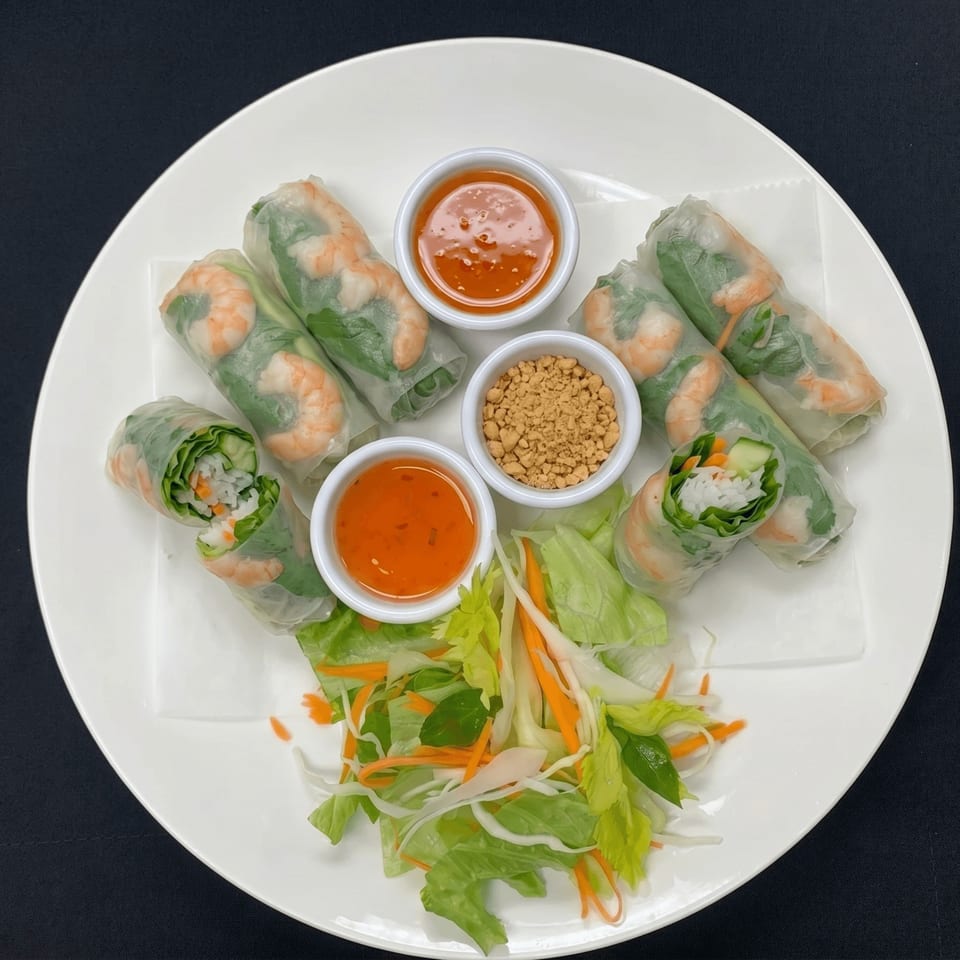 Fresh shrimp spring rolls with dipping sauces and a side salad on a white plate.