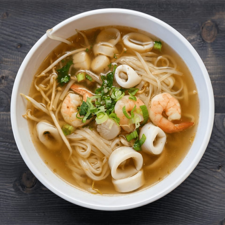 Seafood noodle soup with shrimp, squid, scallops, bean sprouts, and green onions in a white bowl.