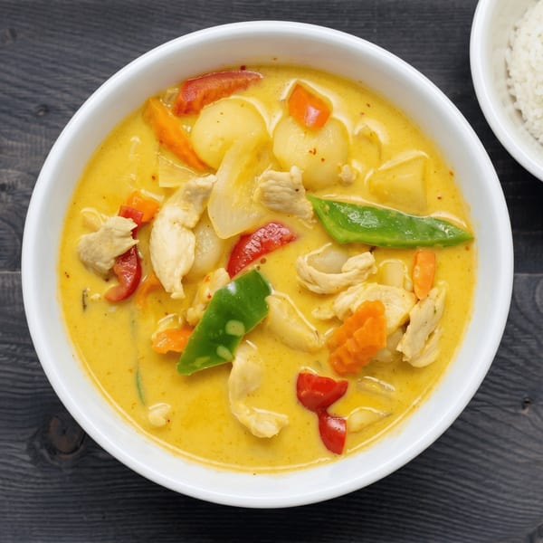 Yellow curry with chicken, potatoes, carrots, and bell peppers in a white bowl, with rice on the side.