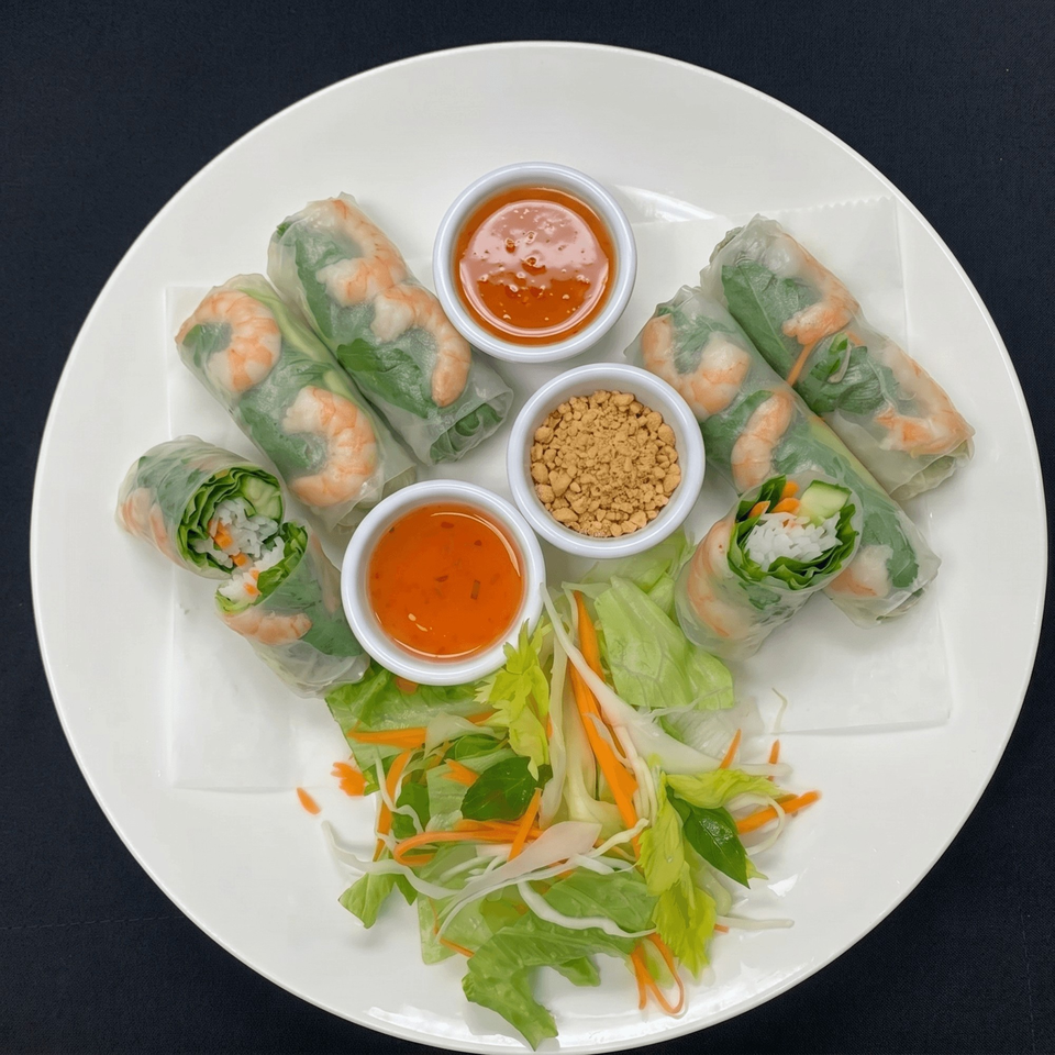Fresh shrimp spring rolls with dipping sauces and a side salad on a white plate.