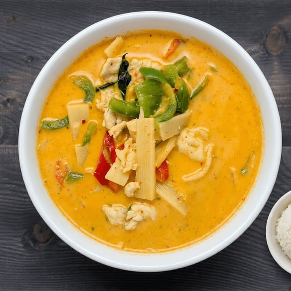 Red curry with chicken, bamboo shoots, and bell peppers in a white bowl with rice.