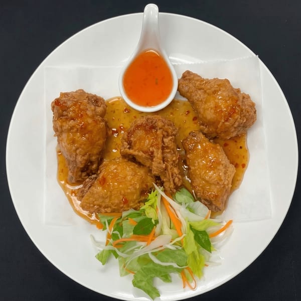 Crispy fried chicken wings coated in sweet chili sauce, served with a side salad and dipping sauce.