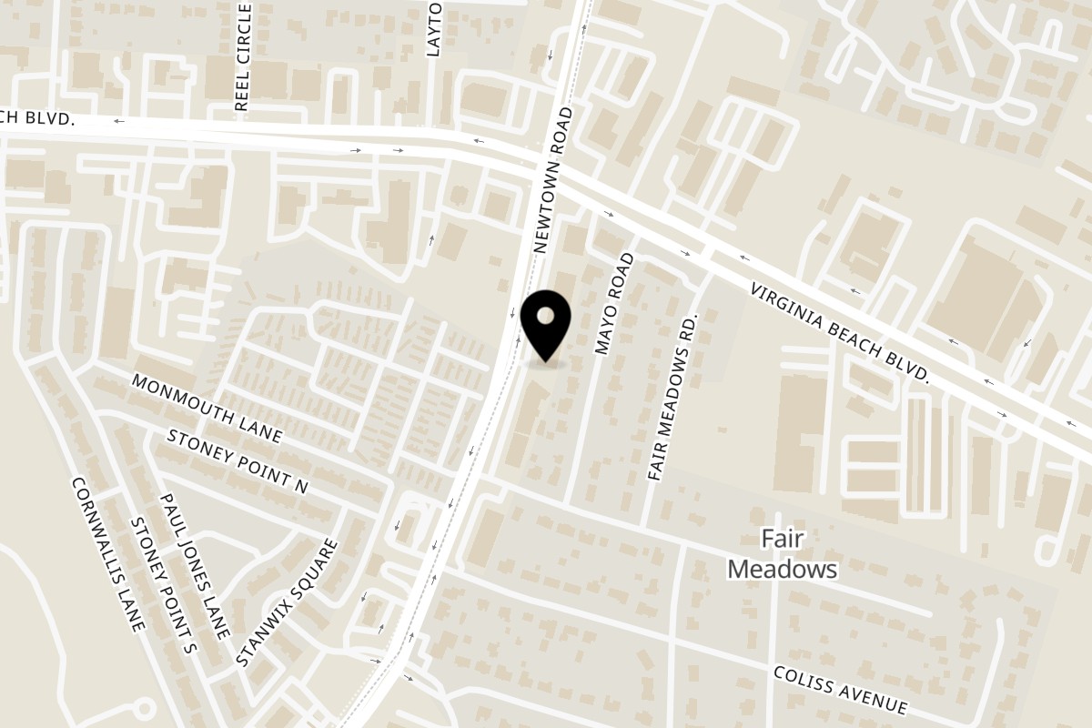 Map showing the location of Bangkok Thai Cuisine Virginia Beach on 424 Newtown Rd in Virginia Beach