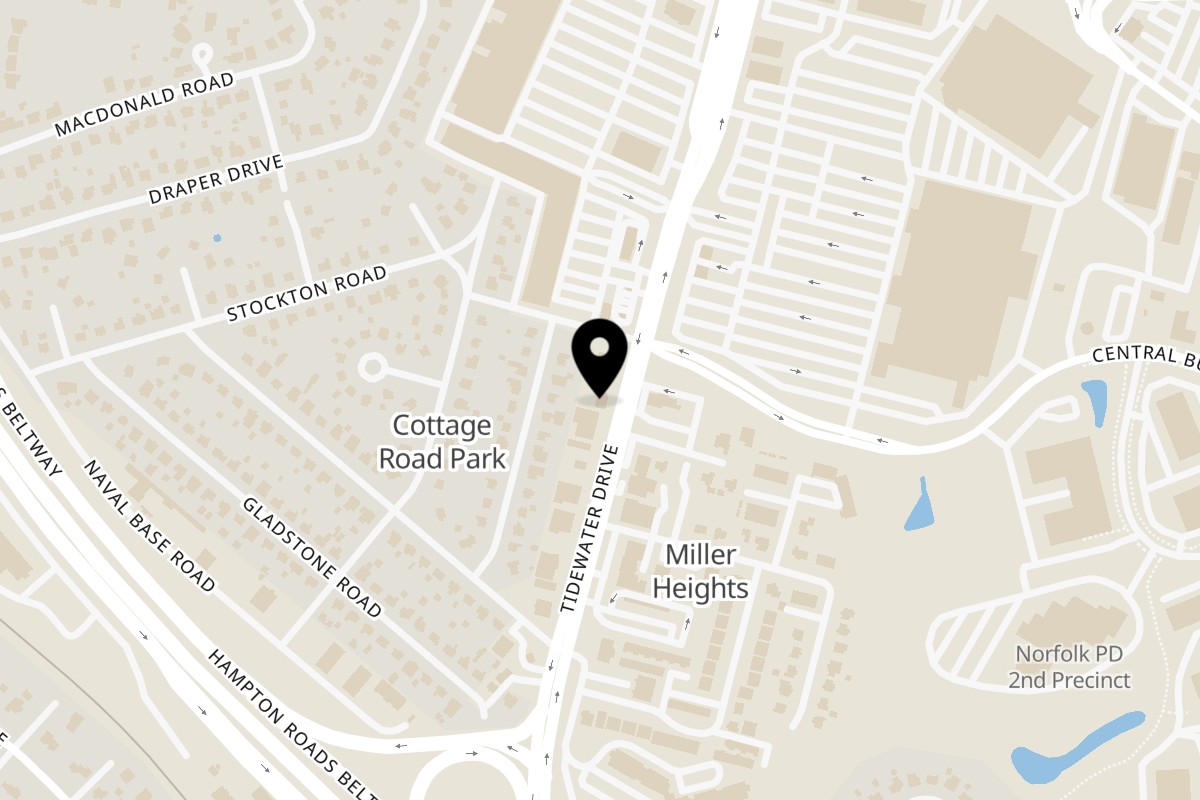 Map showing the location of Bangkok Thai Cuisine Norfolk on 7479 Tidewater Dr in Norfolk